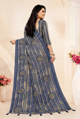 Navy Blue Georgette Saree with Zomato Jasmin Print, Striped Pattern and Contrast Border