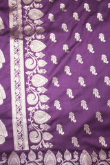 Purple Banarasi Soft Silk Saree with Zari Floral & Mango Motifs and Detailed Border Tassels