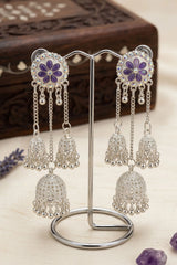 Silver-Finish Flower Stud Jhumka Earrings with Multicolor Crystal Stones and Filigree Dome Drop