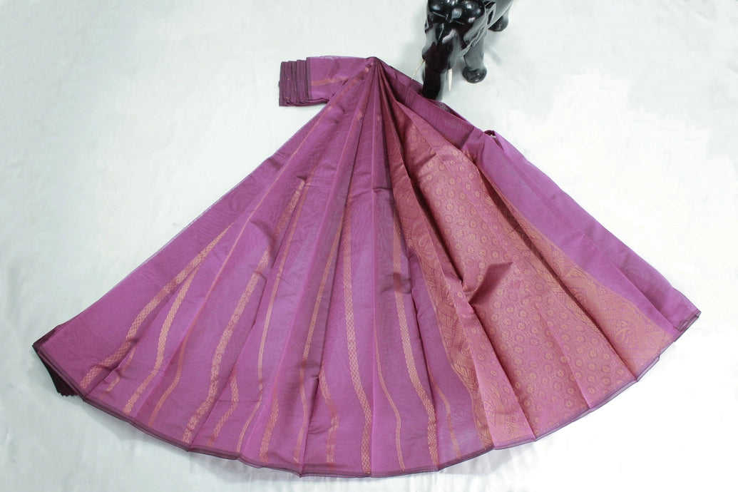 Purple Silk Cotton Saree with Zari Border and Pallu Design, Blouse Included, 5.5 Meters