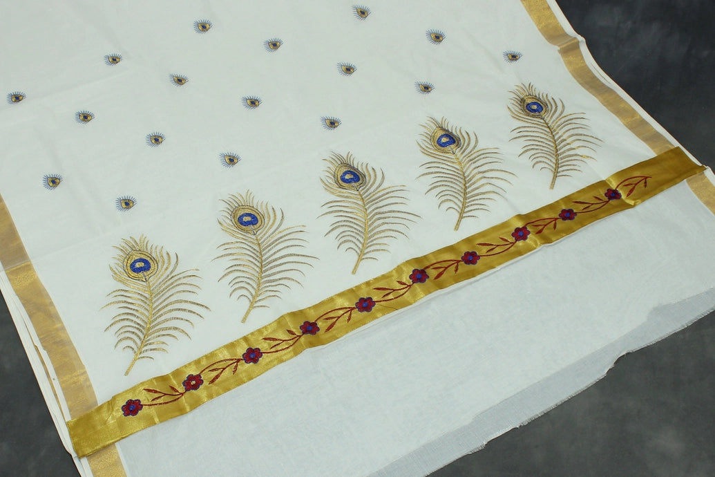 Pure Kerala Cotton White Saree – Gold Zari Peacock Embroidery with Blouse Piece