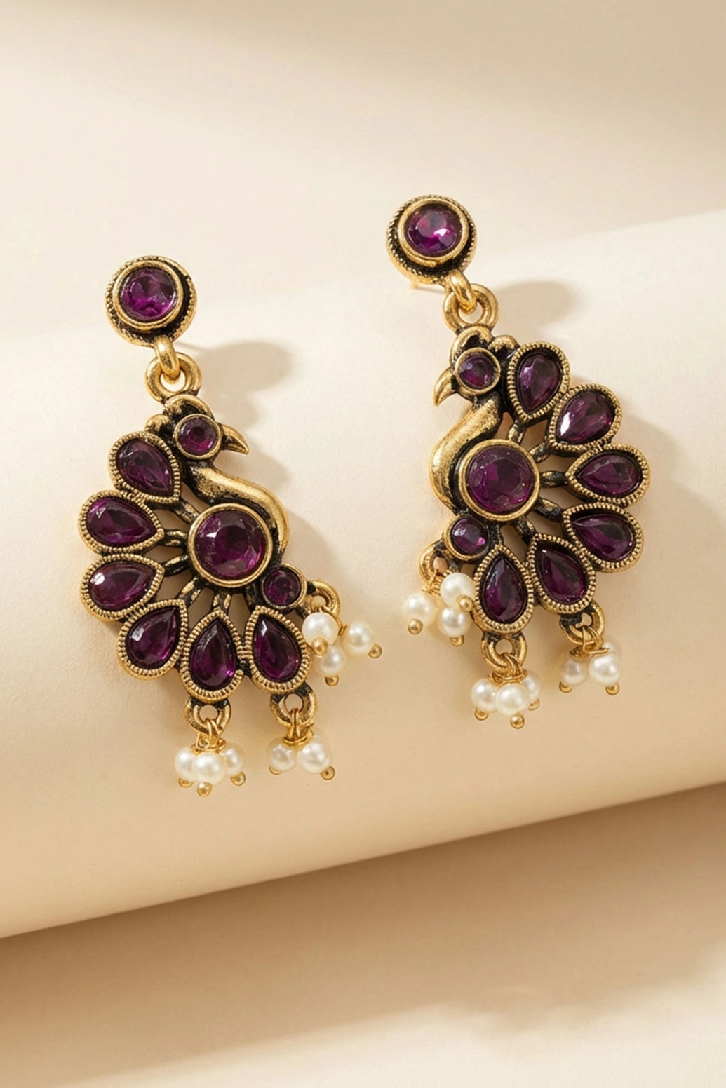 Purple Stone Antique Gold-Tone Floral Dangling Earrings with Pearl Drops for Traditional Wear