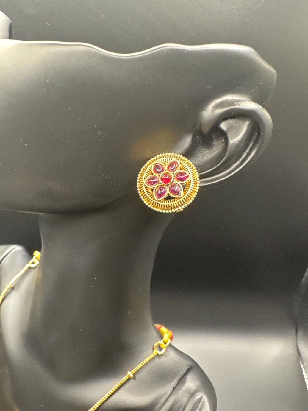 Gold-Tone Pink Stone Traditional Necklace Set with Matching Studs Jewelry JCS Fashions