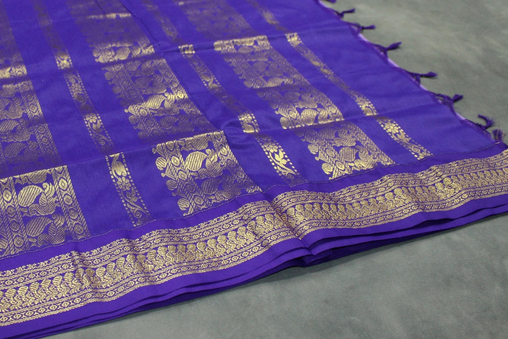 Lavender Kalyani Cotton Saree with Gold-Tone Zari Border, Putta Motifs and Tassel Pallu Saree JCS Fashions