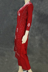 Maroon Organza 3-Piece Salwar Set with Khatli Work Kurti, Roman Silk Bottom and Border Work Dupatta