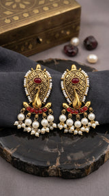 Red Oval Stone Pearl Drop Traditional Gold-Tone Statement Earrings for Women (2 inch)