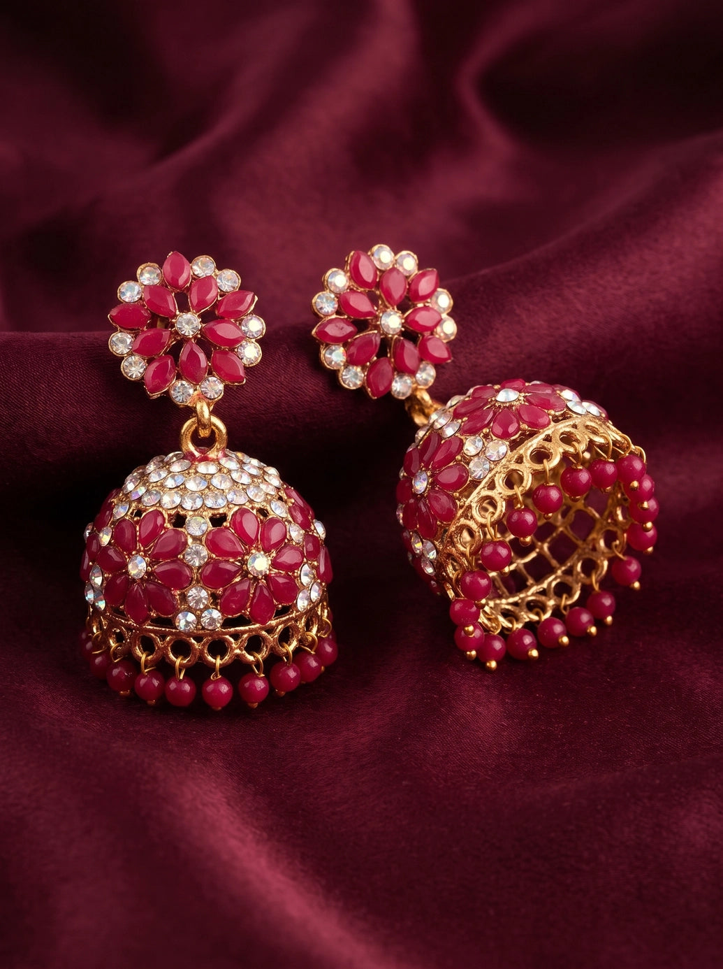 Red & Gold-Tone Floral Jhumka Earrings with Studs and Bead Drops, Traditional Ethnic Fashion Jewellery for Women