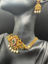 Gold-Tone Temple Choker Necklace Set with Red & Green Stones, Pearl Drops and Matching Jhumka Earrings Jewelry JCS Fashions