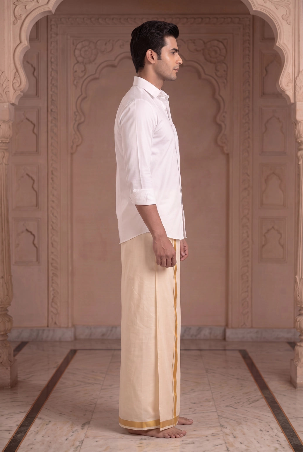 Men’s Ready-to-Wear Double Dhoti (4 Metre) with Velcro Waist, Plain White/Cream