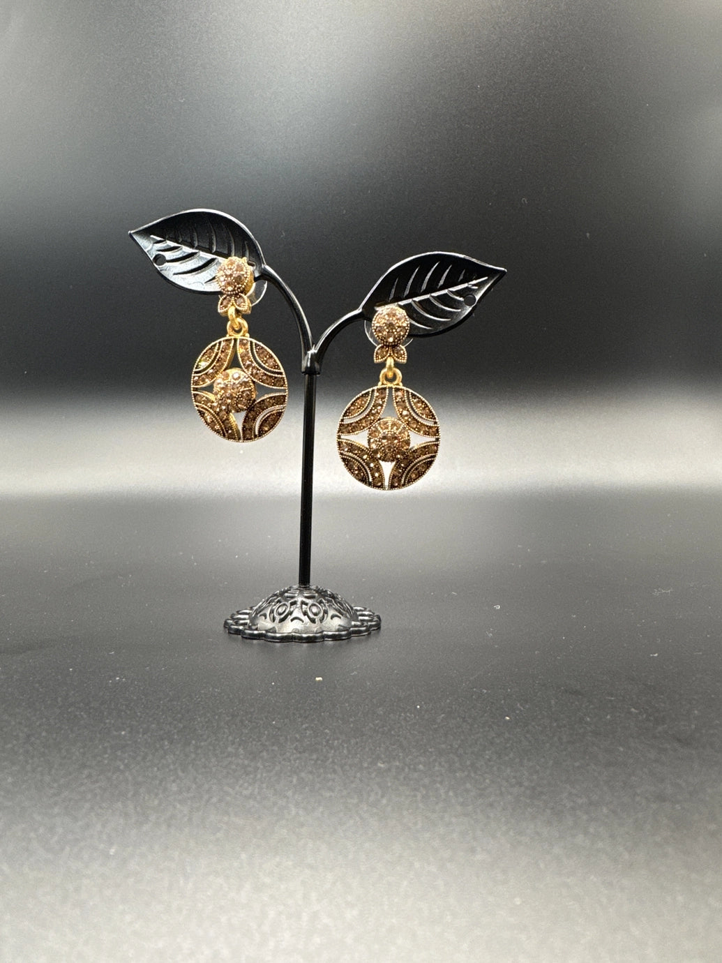 Antique Gold-Tone Dangler Earrings with Brown Stones - Round Filigree Ethnic Drop Earrings (1.5 inch)