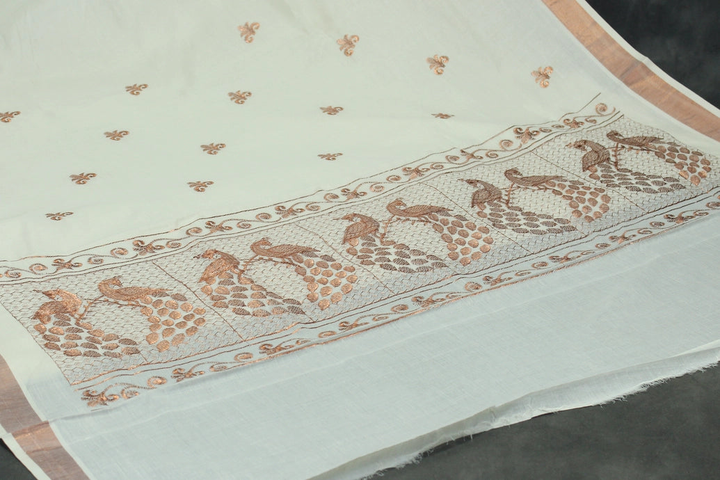 Pure Kerala Cotton Saree with Copper Zari Peacock Embroidery - White