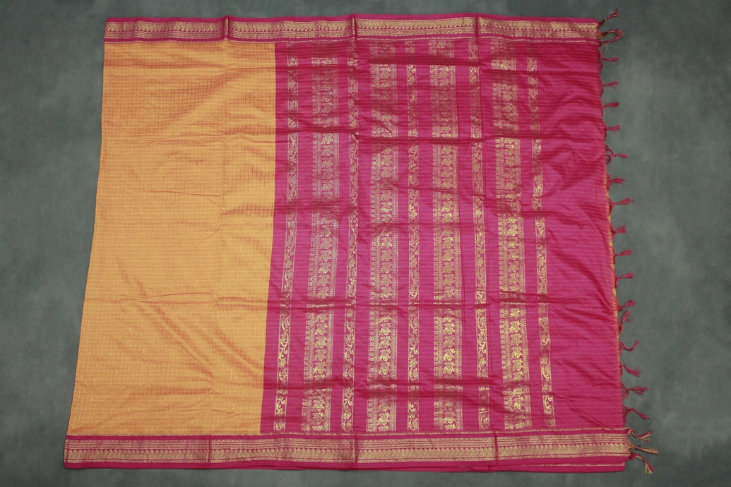 Kalyani Cotton Saree in Orange with Zari Checked & Zari Peacock Border and Blouse Piece