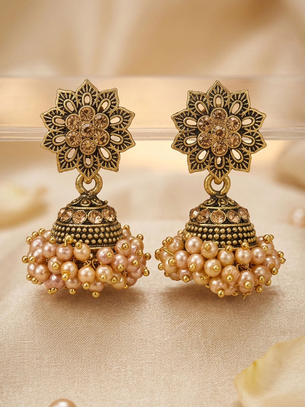 Peach Jhumka Style Floral Stud Drop Earrings with Beaded Cluster for Traditional Wear