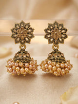 Peach Jhumka Style Floral Stud Drop Earrings with Beaded Cluster for Traditional Wear
