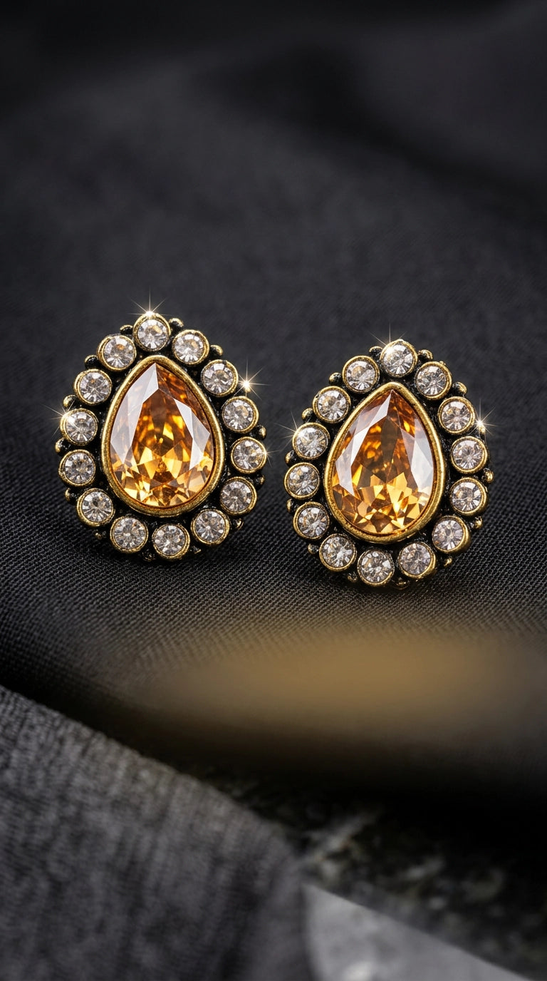 Gold-Tone Teardrop Stud Earrings with Champagne Crystal Halo for Traditional and Festive Wear
