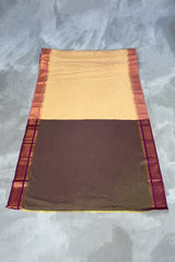 Sandal Soft Silk Saree with Korvai Style Gold Zari Buttas and Floral Border, Traditional Wedding Wear Saree