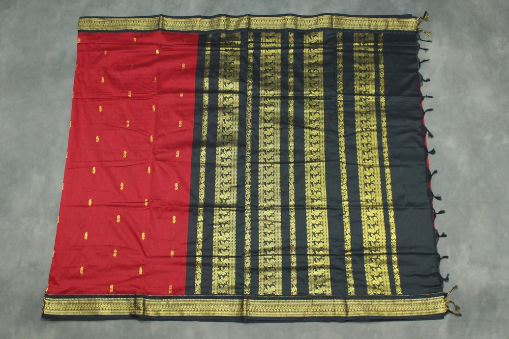 Kalyani Dark Red Cotton Saree with Black Golden Zari Border and Putta Motifs - Blouse Included Saree JCS Fashions