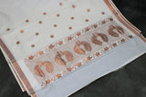 Pure Kerala Cotton White Saree with Copper Zari Peacock & Floral Machine Embroidery, Lightweight Traditional Saree with Blouse Piece