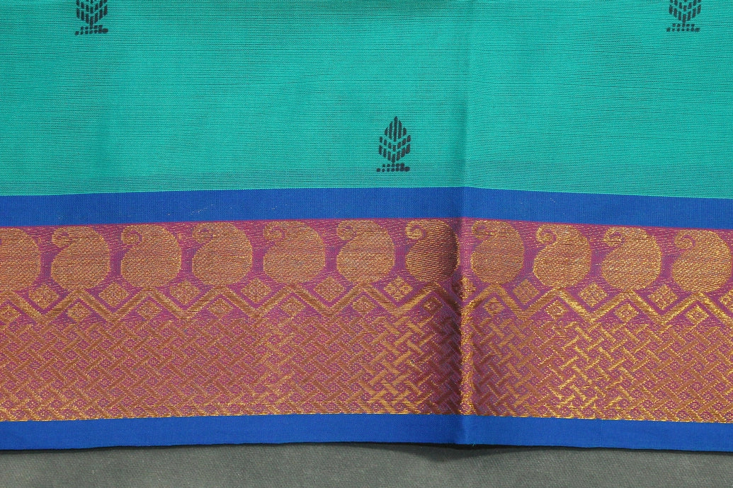 Teal Green Poly Cotton Saree with Gold-Tone Zari Border, Butta Motifs and Line Pallu - Traditional Indian Saree Saree JCS Fashions