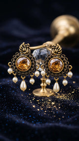 Gold-Tone Round Champagne Statement Earrings with Pearl Drops, Antique Finish for Traditional Festive Wear