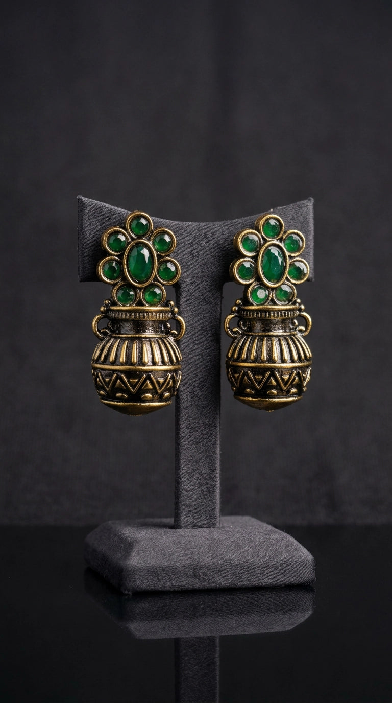 Green Antique Gold-Finish Jhumka Earrings with Floral Stud Pattern and Crystal Petal Detail