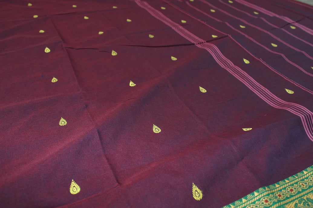 Dark Purple Poly Cotton Butta Saree with Green Threaded Border Saree JCS Fashions
