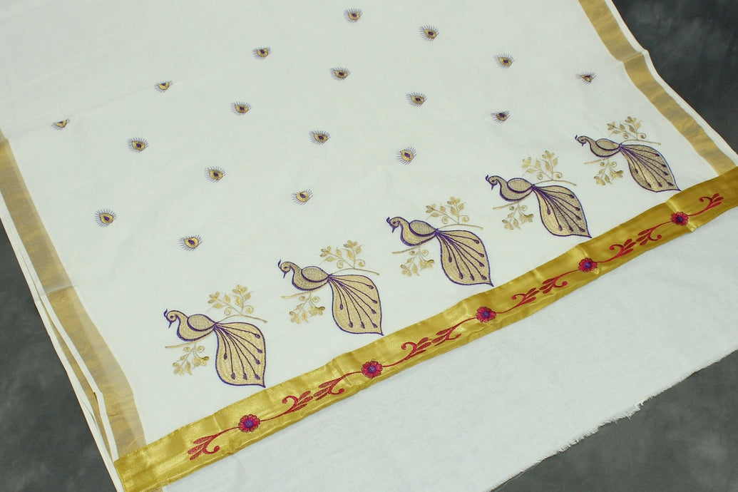 White Kerala Cotton Saree with Gold Zari and Purple Peacock Machine Embroidery, Includes Blouse Piece