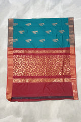 Teal Soft Silk Saree with Contrast Border and Gold Zari Buttas, Traditional Floral Border