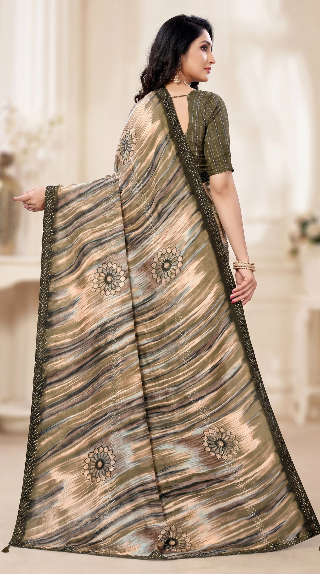 Brown Georgette Saree with Floral Motifs, Zari-Look Border and Striped Design | Jasmin Zomato Saree
