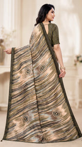 Brown Georgette Saree with Floral Motifs, Zari-Look Border and Striped Design | Jasmin Zomato Saree