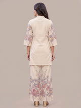 Khadi Reyon 2 pcs Co-ord set. Top and pant with Elastic. Side Pocket available in pant, Mandarin collar kurti, Floral printed and embroidere