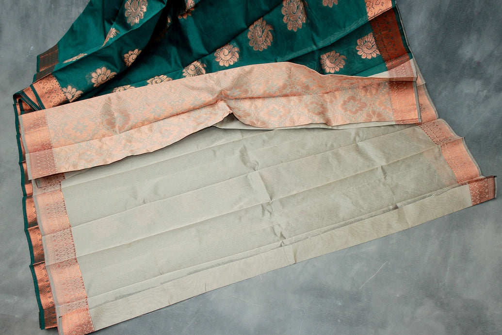 Dark Green Silk Cotton Saree with Zari Floral Border and Blouse Piece | Traditional Ethnic Wear