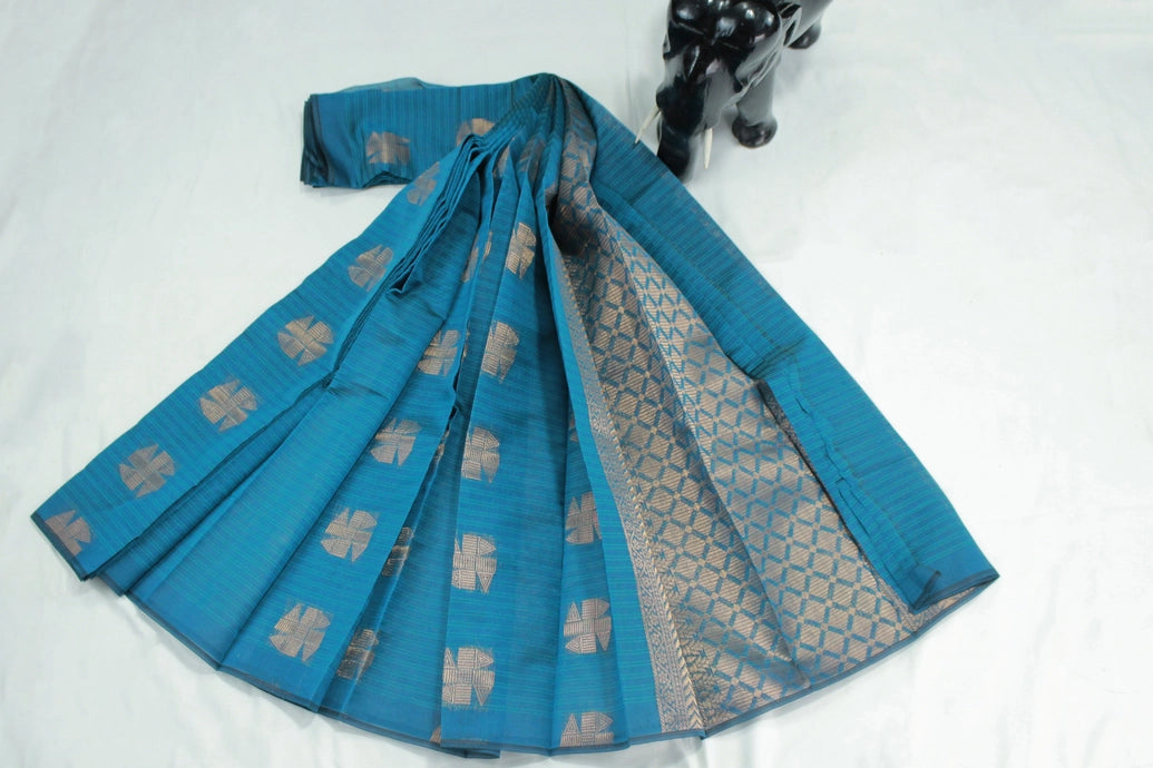 Peacock Blue Silk Cotton Saree with Zari Border, Borderless Design and Matching Blouse Piece