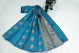 Peacock Blue Silk Cotton Saree with Zari Border, Borderless Design and Matching Blouse Piece