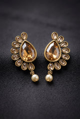 Gold-Tone Teardrop Statement Earrings with Pearl Drops, Antique Bead Detail, Amber-Citrine Center Stone for Festive Wear