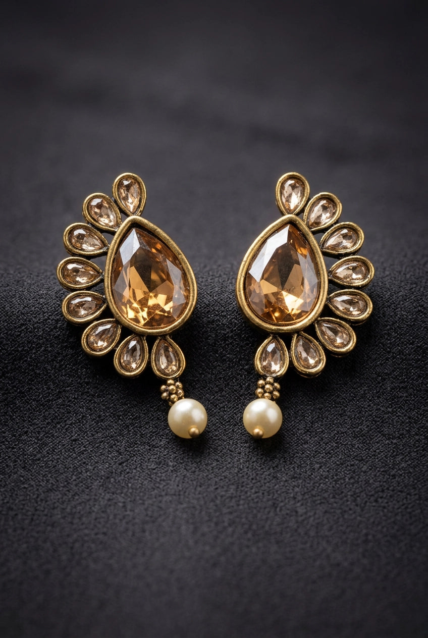 Gold-Tone Teardrop Statement Earrings with Pearl Drops, Antique Bead Detail, Amber-Citrine Center Stone for Festive Wear