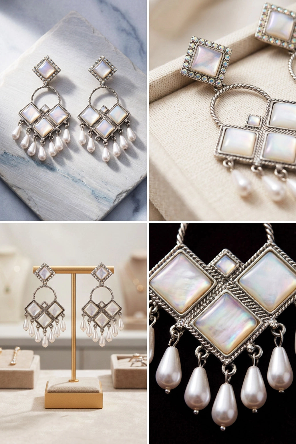 White Pearl Drop Fashion Earrings in Silver Tone with Square Stud and Iridescent Stone Dangles