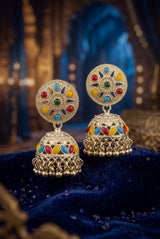 Silver Oxidized Jhumka Earrings with Multicolour Stone Stud Top and Beaded Danglers for Festive Wear