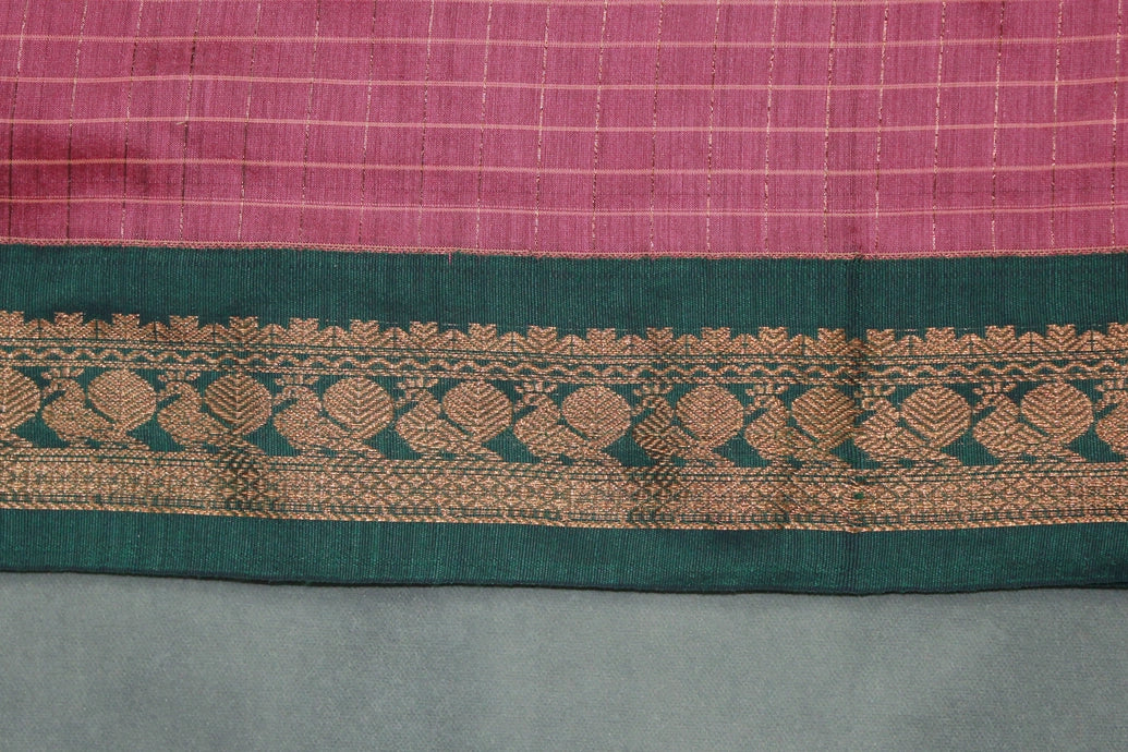 Onion Pink Cotton Kalyani Saree with Zari Checked Border and Zari Peacock Border, Blouse Included