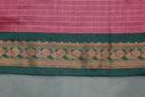 Onion Pink Cotton Kalyani Saree with Zari Checked Border and Zari Peacock Border, Blouse Included