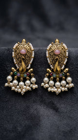 Traditional Oval Stone Antique Gold-Tone Pearl Tassel Earrings in Onion Pink & Multi-Color