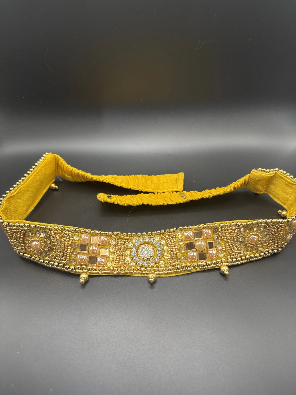 Gold-Tone Embellished Hip Belt with Mirror Accents and Bead Detailing for Sarees and Ethnic Wear Jewelry JCS Fashions