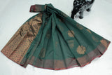 Dark Green Silk Cotton Saree with Zari Border and Matching Blouse