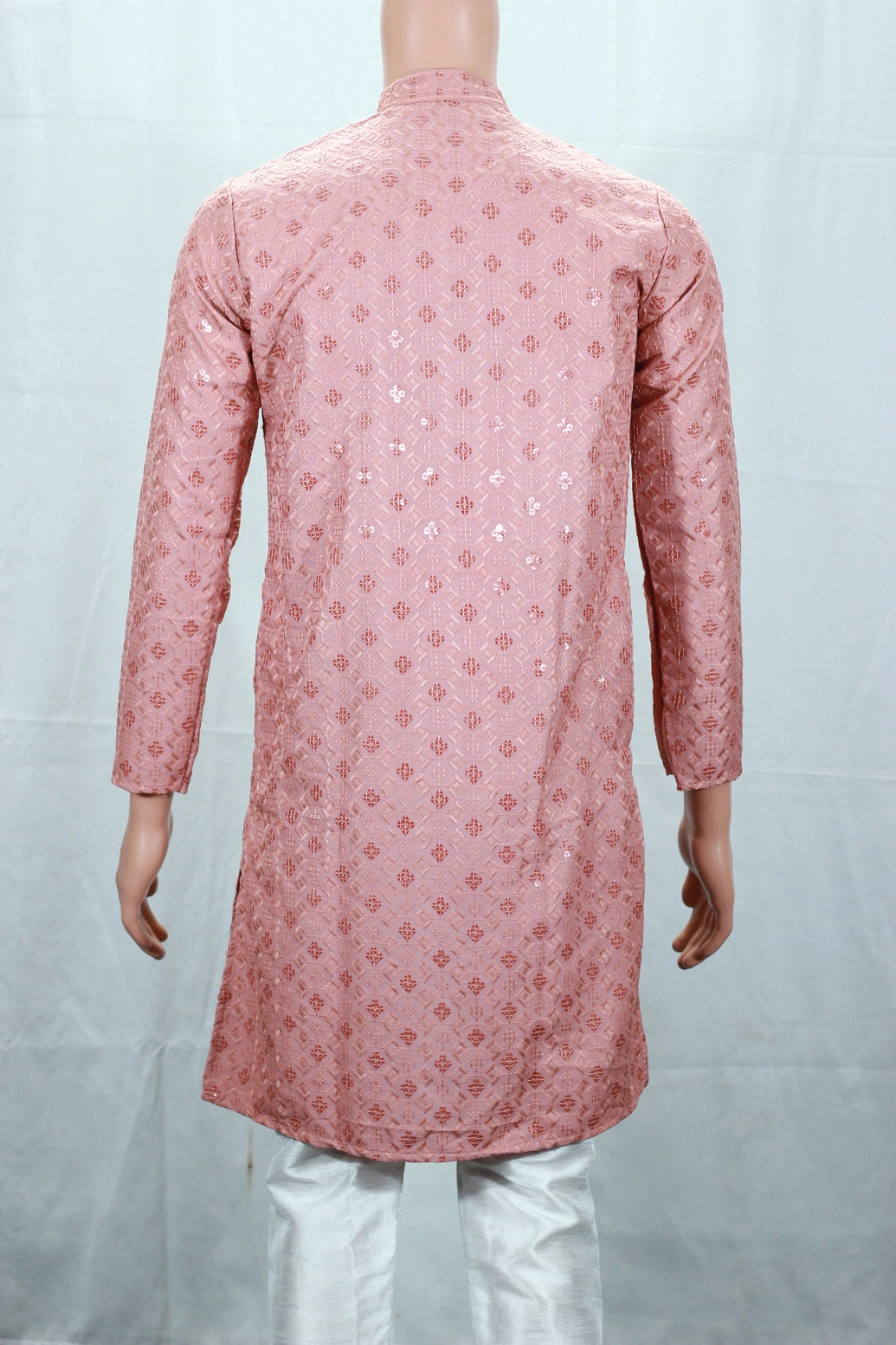 Men Onion Pink Lakhnavi Kurta with Jacquard Pattern, Band Collar & Button Placket