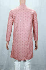 Men Onion Pink Lakhnavi Kurta with Jacquard Pattern, Band Collar & Button Placket