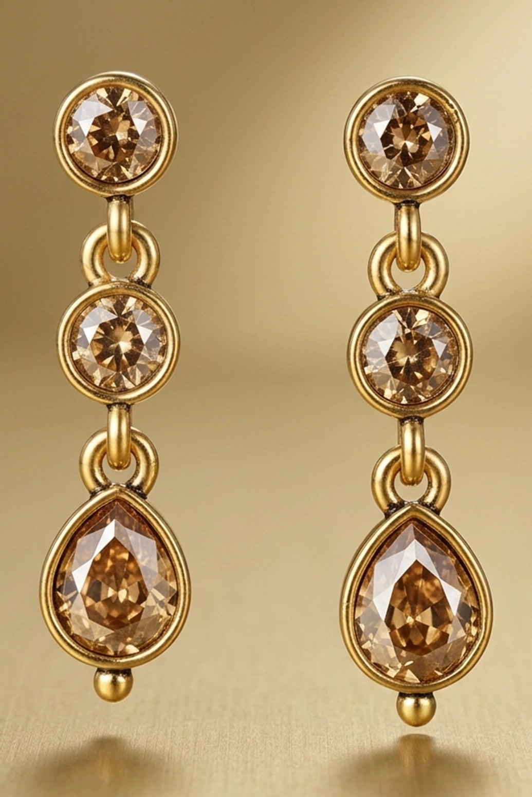 Gold-Tone Teardrop Dangler Fashion Earrings with Oval Stones, 3-Stone Vertical Design