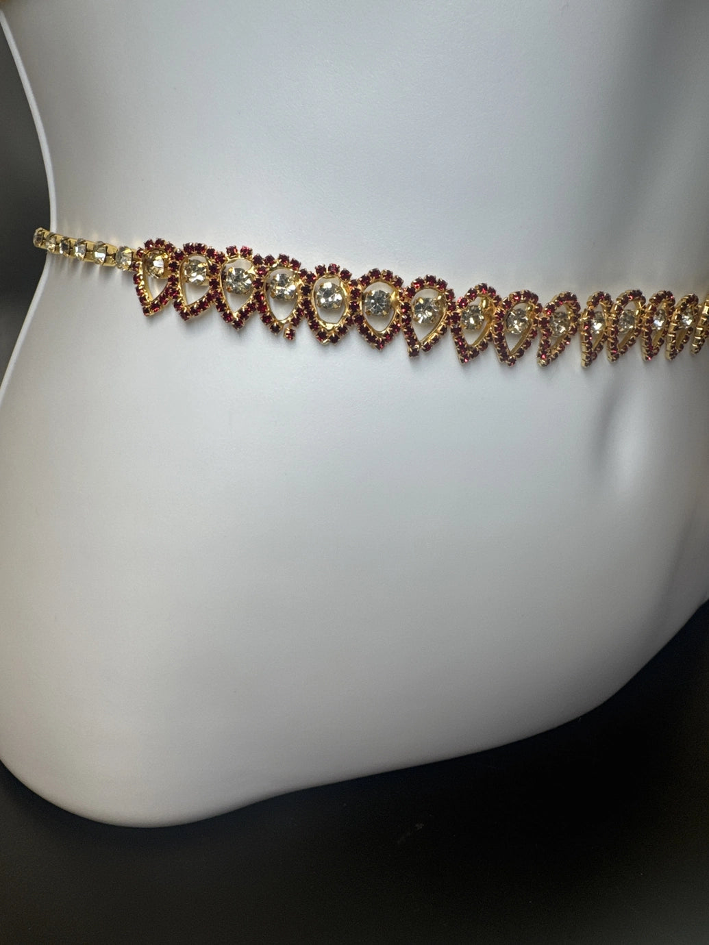 Gold-Tone Maroon Crystal Hip Chain with Clear Stones – Zigzag Teardrop Waist Belt Jewelry JCS Fashions