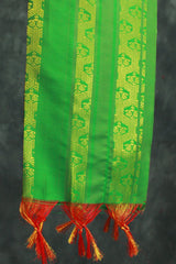 Forest Green Ponnadai Poly Silk Jacquard Temple Shawl with Zari Pattern & Tassels for Functions, 2m Dupatta