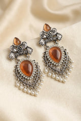 Peach Stone Oxidized Silver Drop Earrings with Pearl Chandbali Style for Women