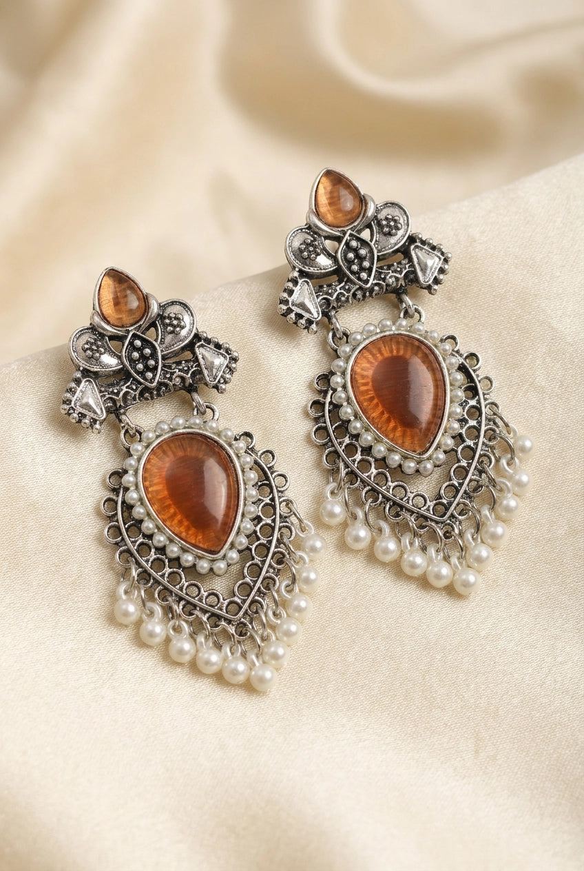Peach Stone Oxidized Silver Drop Earrings with Pearl Chandbali Style for Women